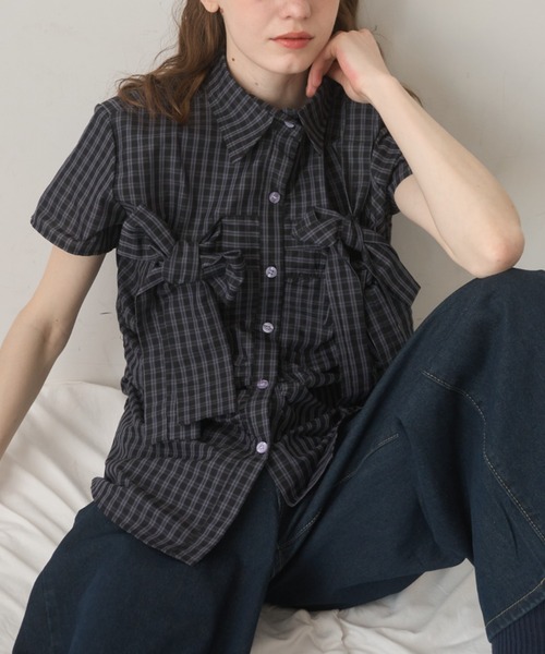 Birthday room（バースデイルーム）の「半袖チェックリボンシャツ/short slleeve check ribbon shirt（シャツ/ブラウス・レディース・ネイビー・FREE）」の16枚目の写真