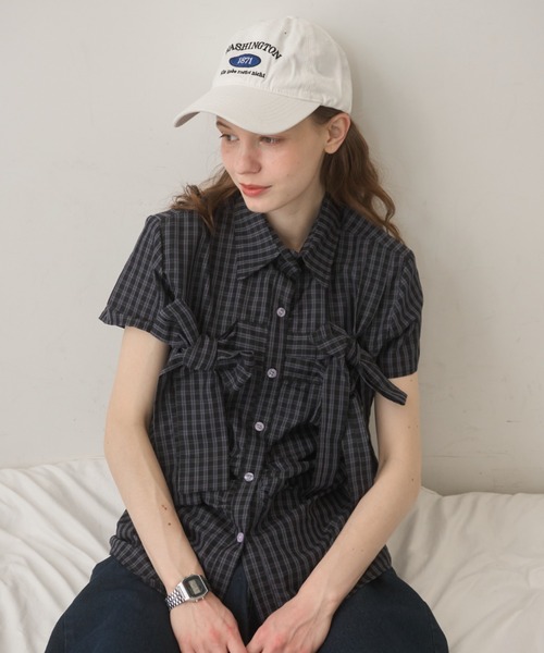 Birthday room（バースデイルーム）の「半袖チェックリボンシャツ/short slleeve check ribbon shirt（シャツ/ブラウス・レディース・ネイビー・FREE）」の17枚目の写真