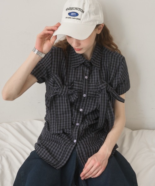 Birthday room（バースデイルーム）の「半袖チェックリボンシャツ/short slleeve check ribbon shirt（シャツ/ブラウス・レディース・ネイビー・FREE）」の18枚目の写真