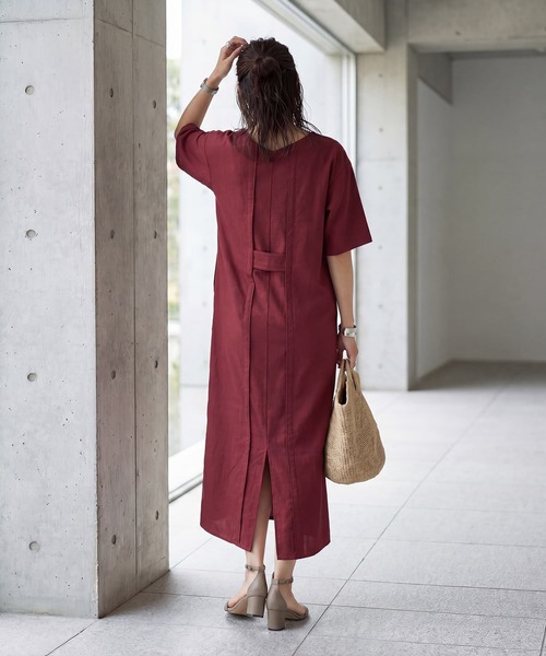 STYLE DELI(スタイルデリ)の「ファスナースリット麻混Vネックワンピース(ワンピース・レディース・レッド系/オレンジ系・01/02)」の3枚目の写真