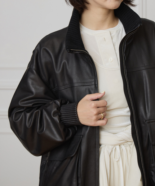 IENA LA BOUCLE レザースタンドネックブルゾン（ライダースジャケット