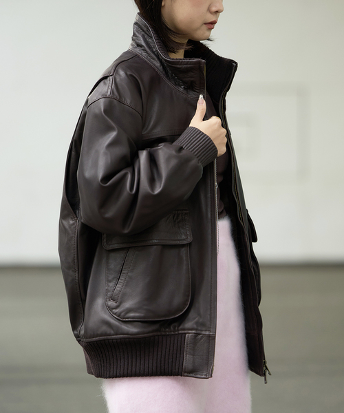 IENA LA BOUCLE レザースタンドネックブルゾン（ライダースジャケット