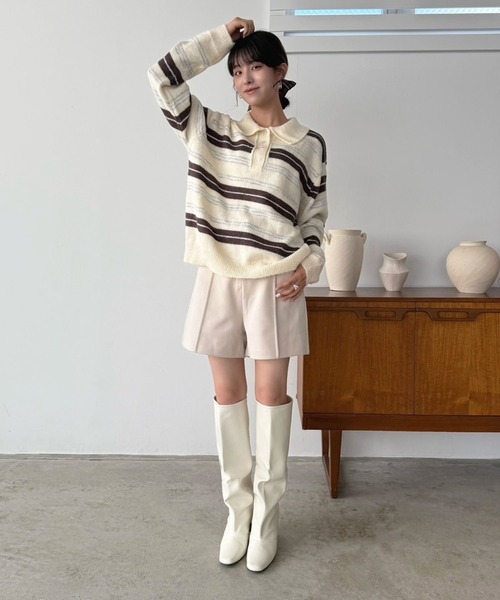 Jewelobe(ジュエローブ)の「ランダムボーダールーズポロニットプルオーバー(ニット/セーター・レディース・チャコールグレー/ライトグレー/アイボリー・FREE)」の7枚目の写真