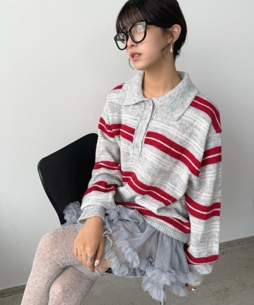 Jewelobe(ジュエローブ)の「ランダムボーダールーズポロニットプルオーバー(ニット/セーター・レディース・チャコールグレー/ライトグレー/アイボリー・FREE)」の9枚目の写真