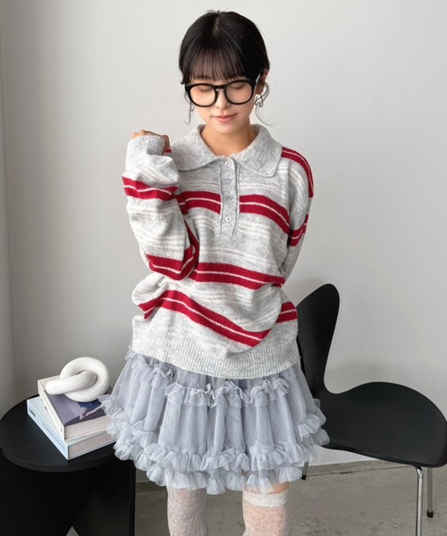 Jewelobe(ジュエローブ)の「ランダムボーダールーズポロニットプルオーバー(ニット/セーター・レディース・チャコールグレー/ライトグレー/アイボリー・FREE)」の10枚目の写真