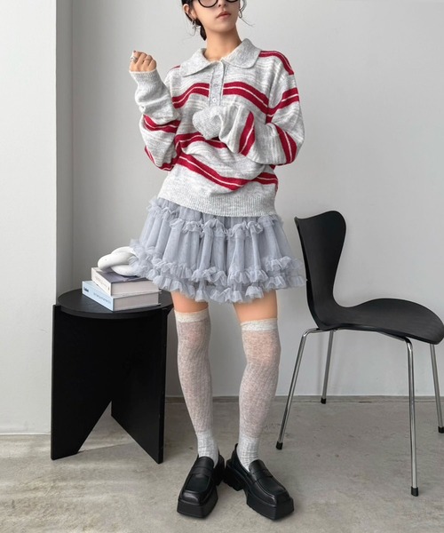 Jewelobe(ジュエローブ)の「ランダムボーダールーズポロニットプルオーバー(ニット/セーター・レディース・チャコールグレー/ライトグレー/アイボリー・FREE)」の11枚目の写真