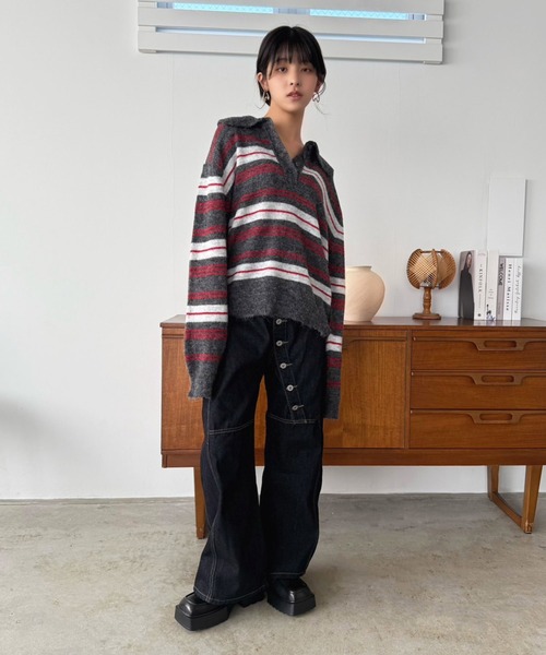 Jewelobe(ジュエローブ)の「ランダムボーダールーズポロニットプルオーバー(ニット/セーター・レディース・チャコールグレー/ライトグレー/アイボリー・FREE)」の22枚目の写真