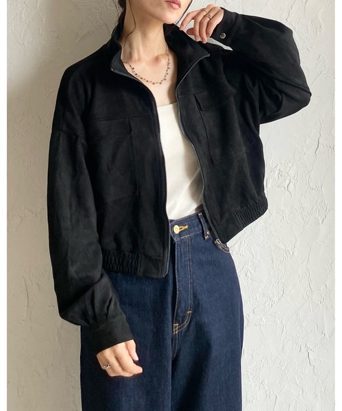 セール】ショート丈ジップアップスタンドネックフェイクスエード