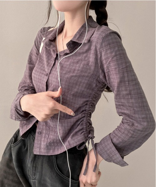 gossip!ロサンゼルス(ゴシップロサンゼルス)の「ドローギャザーシャツ チェックシャツ Y2K(Tシャツ/カットソー・レディース・ブラック/ブラウン/グリーン/チェック/ダークグレー/ダークブラウン/グレー・FREE)」の1枚目の写真
