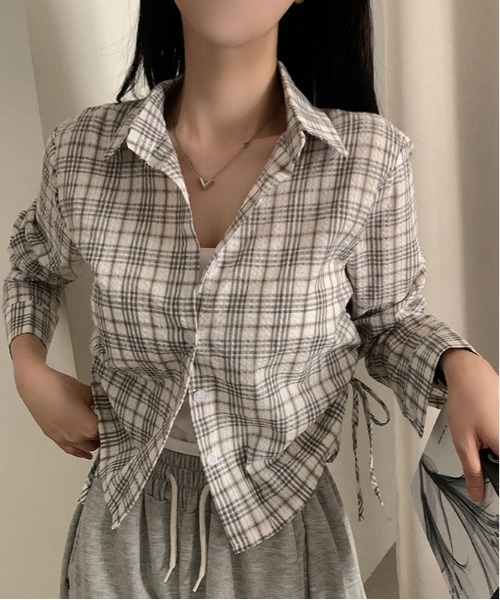 gossip!ロサンゼルス(ゴシップロサンゼルス)の「ドローギャザーシャツ チェックシャツ Y2K(Tシャツ/カットソー・レディース・ブラック/ブラウン/グリーン/チェック/ダークグレー/ダークブラウン/グレー・FREE)」の7枚目の写真