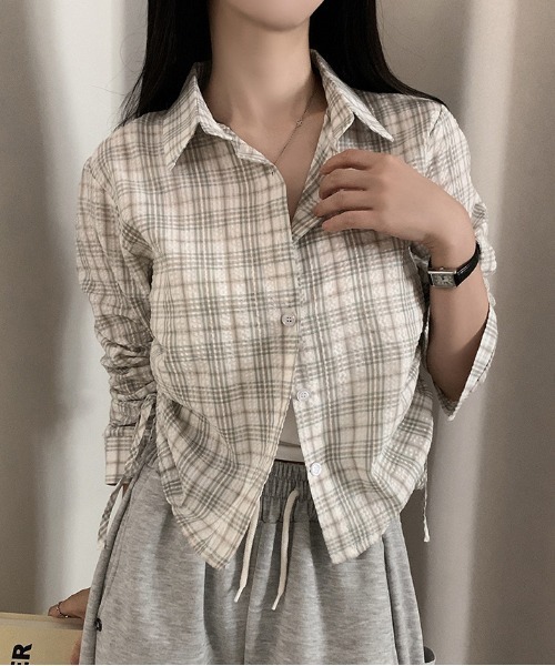 gossip!ロサンゼルス(ゴシップロサンゼルス)の「ドローギャザーシャツ チェックシャツ Y2K(Tシャツ/カットソー・レディース・ブラック/ブラウン/グリーン/チェック/ダークグレー/ダークブラウン/グレー・FREE)」の6枚目の写真