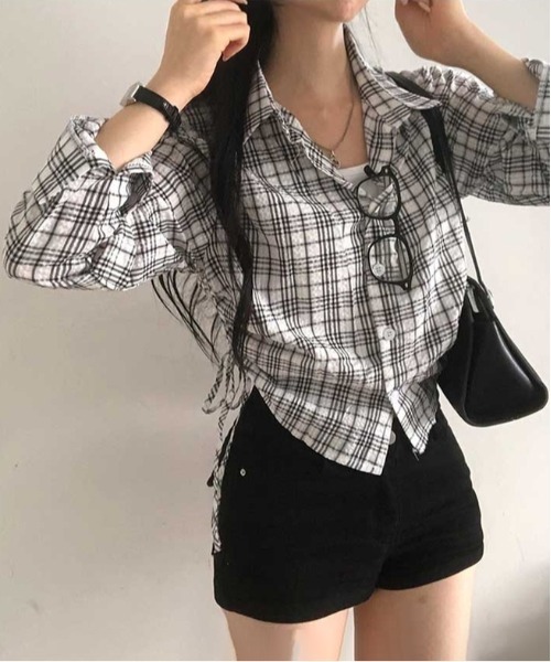 gossip!ロサンゼルス(ゴシップロサンゼルス)の「ドローギャザーシャツ チェックシャツ Y2K(Tシャツ/カットソー・レディース・ブラック/ブラウン/グリーン/チェック/ダークグレー/ダークブラウン/グレー・FREE)」の2枚目の写真