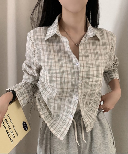 gossip!ロサンゼルス(ゴシップロサンゼルス)の「ドローギャザーシャツ チェックシャツ Y2K(Tシャツ/カットソー・レディース・ブラック/ブラウン/グリーン/チェック/ダークグレー/ダークブラウン/グレー・FREE)」の17枚目の写真