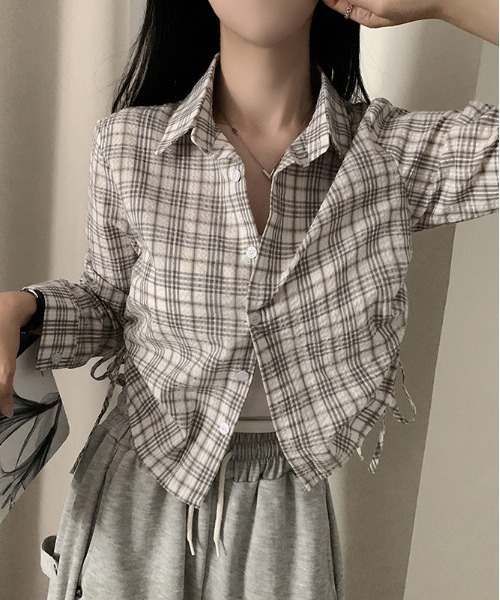 gossip!ロサンゼルス(ゴシップロサンゼルス)の「ドローギャザーシャツ チェックシャツ Y2K(Tシャツ/カットソー・レディース・ブラック/ブラウン/グリーン/チェック/ダークグレー/ダークブラウン/グレー・FREE)」の14枚目の写真