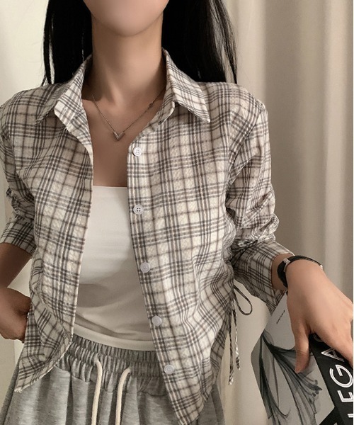 gossip!ロサンゼルス(ゴシップロサンゼルス)の「ドローギャザーシャツ チェックシャツ Y2K(Tシャツ/カットソー・レディース・ブラック/ブラウン/グリーン/チェック/ダークグレー/ダークブラウン/グレー・FREE)」の15枚目の写真