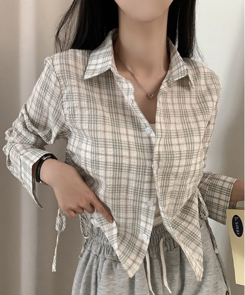 gossip!ロサンゼルス(ゴシップロサンゼルス)の「ドローギャザーシャツ チェックシャツ Y2K(Tシャツ/カットソー・レディース・ブラック/ブラウン/グリーン/チェック/ダークグレー/ダークブラウン/グレー・FREE)」の18枚目の写真