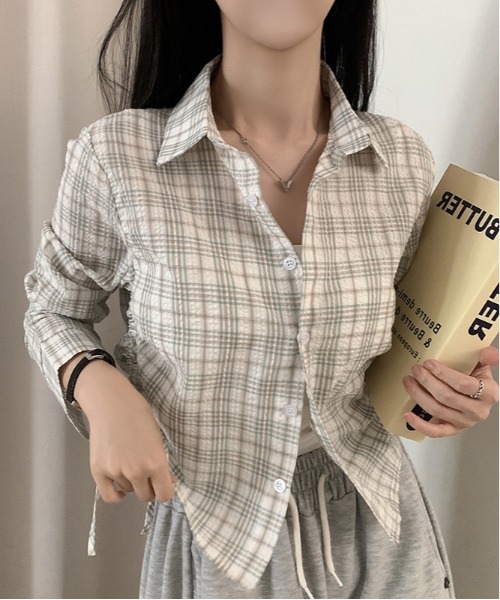 gossip!ロサンゼルス(ゴシップロサンゼルス)の「ドローギャザーシャツ チェックシャツ Y2K(Tシャツ/カットソー・レディース・ブラック/ブラウン/グリーン/チェック/ダークグレー/ダークブラウン/グレー・FREE)」の19枚目の写真