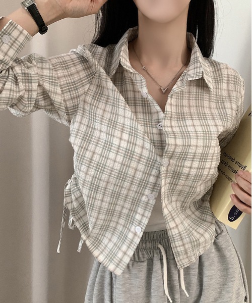 gossip!ロサンゼルス(ゴシップロサンゼルス)の「ドローギャザーシャツ チェックシャツ Y2K(Tシャツ/カットソー・レディース・ブラック/ブラウン/グリーン/チェック/ダークグレー/ダークブラウン/グレー・FREE)」の20枚目の写真