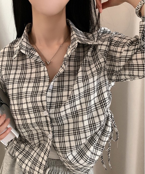 gossip!ロサンゼルス(ゴシップロサンゼルス)の「ドローギャザーシャツ チェックシャツ Y2K(Tシャツ/カットソー・レディース・ブラック/ブラウン/グリーン/チェック/ダークグレー/ダークブラウン/グレー・FREE)」の10枚目の写真