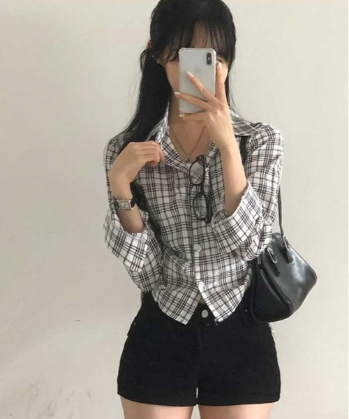 gossip!ロサンゼルス(ゴシップロサンゼルス)の「ドローギャザーシャツ チェックシャツ Y2K(Tシャツ/カットソー・レディース・ブラック/ブラウン/グリーン/チェック/ダークグレー/ダークブラウン/グレー・FREE)」の12枚目の写真