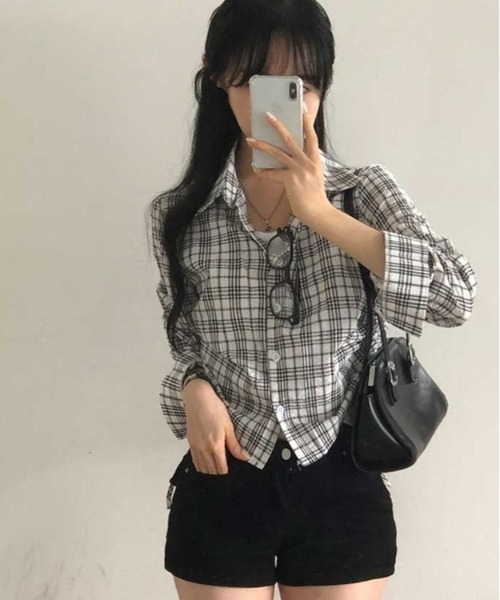 gossip!ロサンゼルス(ゴシップロサンゼルス)の「ドローギャザーシャツ チェックシャツ Y2K(Tシャツ/カットソー・レディース・ブラック/ブラウン/グリーン/チェック/ダークグレー/ダークブラウン/グレー・FREE)」の13枚目の写真
