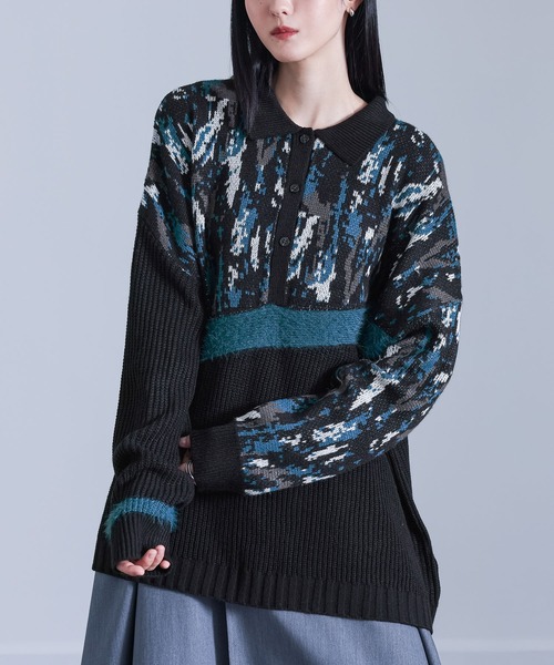 kOhAKU（コハク）の「『アート柄切替ポロニット』（ニット/セーター・レディース・ブラック・FREE）」の2枚目の写真