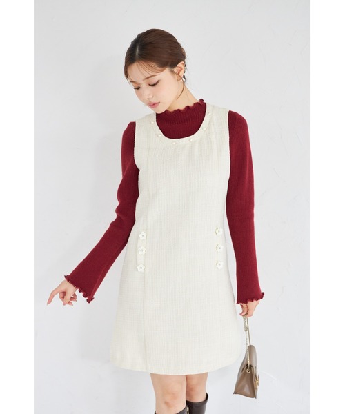 tocco closet（トッコ　クローゼット）の「【ZOZO限定】パールネック×フラワービジューフェイクポケットツイードジャンパースカート（ジャンパースカート・レディース・オフホワイト/ブラック・M）」の10枚目の写真