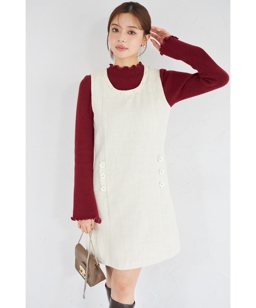 tocco closet（トッコ　クローゼット）の「【ZOZO限定】パールネック×フラワービジューフェイクポケットツイードジャンパースカート（ジャンパースカート・レディース・オフホワイト/ブラック・M）」の8枚目の写真