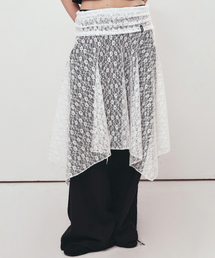 LACE SHIRRING FLARE MIDI SKIRT_IVORY