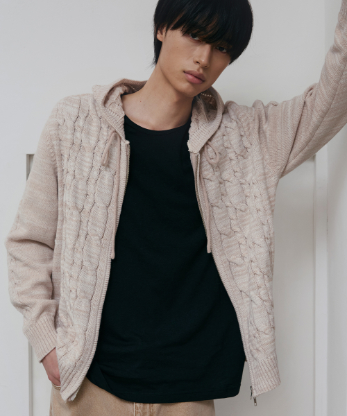 NODU（ノードユー）の「ミックスケーブルニットフードジップアップ[ベージュ]（パーカー・メンズ・その他・MEDIUM/LARGE）」の2枚目の写真