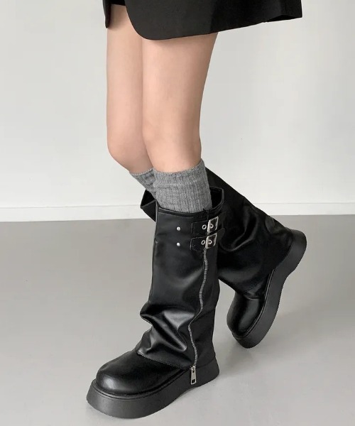セール】Y2K ヴィンテージロングカバーブーツ（ジップ＆バックル