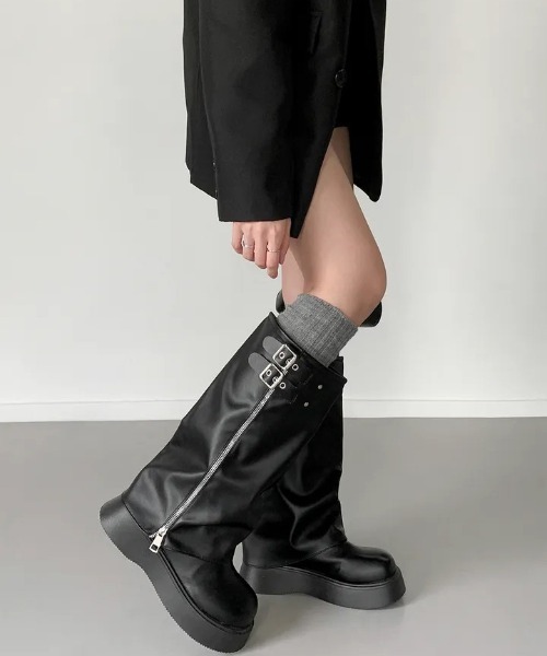 セール】Y2K ヴィンテージロングカバーブーツ（ジップ＆バックル