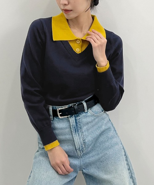 Futier land(フューティアランド)の「配色レイヤード風ポロニットトップス(ニット/セーター・レディース・ネイビー/ブラウン/グレー・FREE)」の3枚目の写真