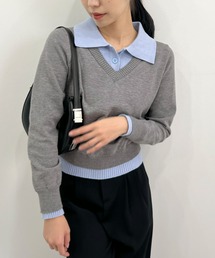 配色レイヤード風ポロニットトップス