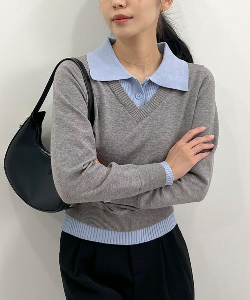 Futier land(フューティアランド)の「配色レイヤード風ポロニットトップス(ニット/セーター・レディース・ネイビー/ブラウン/グレー・FREE)」の4枚目の写真