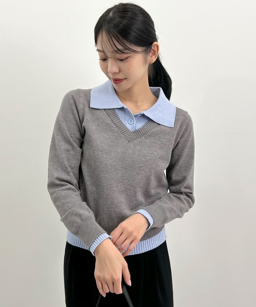 Futier land(フューティアランド)の「配色レイヤード風ポロニットトップス(ニット/セーター・レディース・ネイビー/ブラウン/グレー・FREE)」の5枚目の写真