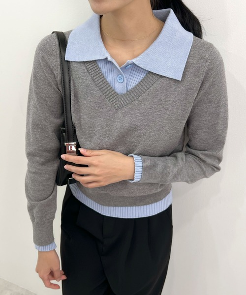Futier land(フューティアランド)の「配色レイヤード風ポロニットトップス(ニット/セーター・レディース・ネイビー/ブラウン/グレー・FREE)」の6枚目の写真