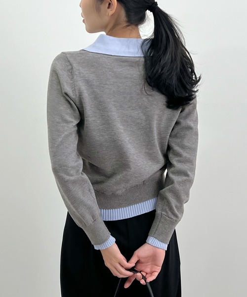 Futier land(フューティアランド)の「配色レイヤード風ポロニットトップス(ニット/セーター・レディース・ネイビー/ブラウン/グレー・FREE)」の7枚目の写真