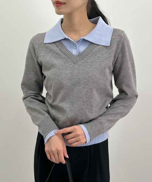 Futier land(フューティアランド)の「配色レイヤード風ポロニットトップス(ニット/セーター・レディース・ネイビー/ブラウン/グレー・FREE)」の8枚目の写真