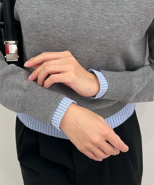 Futier land(フューティアランド)の「配色レイヤード風ポロニットトップス(ニット/セーター・レディース・ネイビー/ブラウン/グレー・FREE)」の9枚目の写真