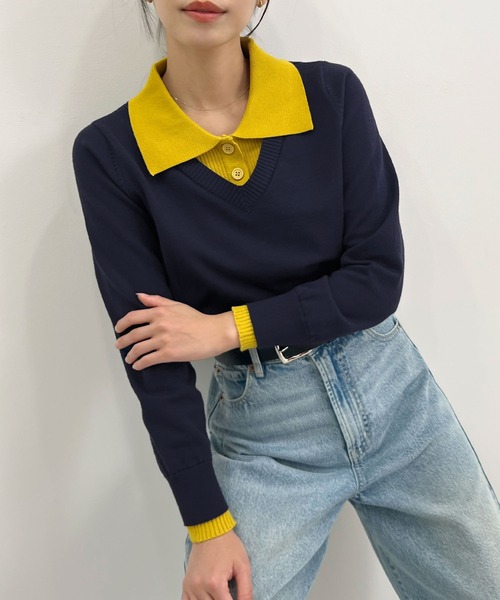 Futier land(フューティアランド)の「配色レイヤード風ポロニットトップス(ニット/セーター・レディース・ネイビー/ブラウン/グレー・FREE)」の11枚目の写真