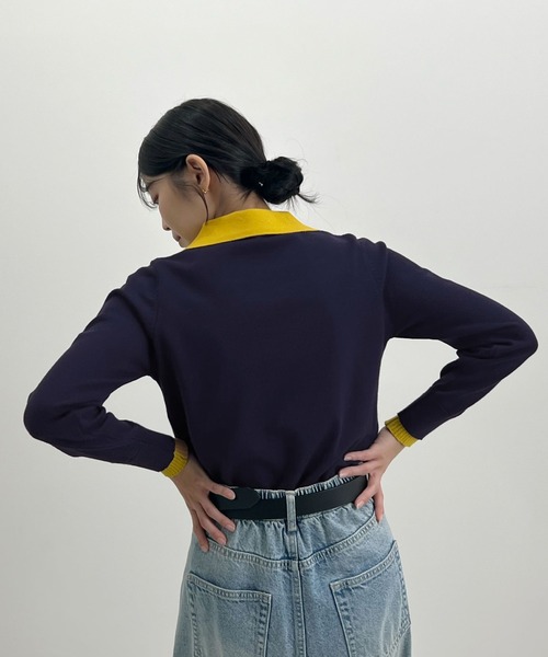 Futier land(フューティアランド)の「配色レイヤード風ポロニットトップス(ニット/セーター・レディース・ネイビー/ブラウン/グレー・FREE)」の14枚目の写真