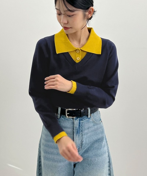 Futier land(フューティアランド)の「配色レイヤード風ポロニットトップス(ニット/セーター・レディース・ネイビー/ブラウン/グレー・FREE)」の13枚目の写真