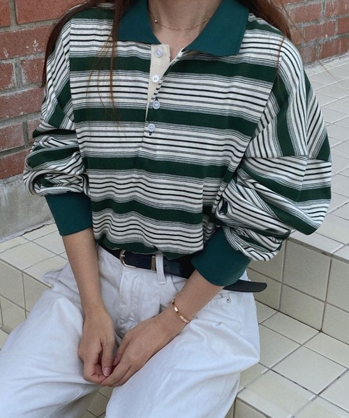 ALAND(エーランド)の「【UNISEX】ASCLO/マルチボーダーカラーTシャツ(Tシャツ/カットソー・レディース・ブラック/グリーン・FREE)」の5枚目の写真