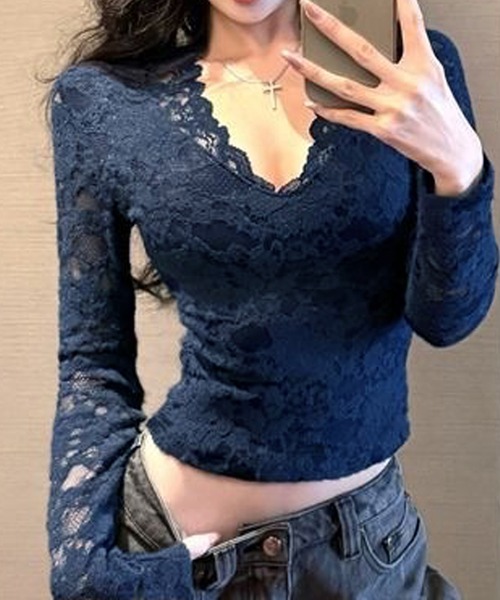 NANEA(ナネア)の「総レース Vネックシアートップス(Tシャツ/カットソー・レディース・ネイビー/ホワイト・LARGE/MEDIUM/SMALL)」の14枚目の写真
