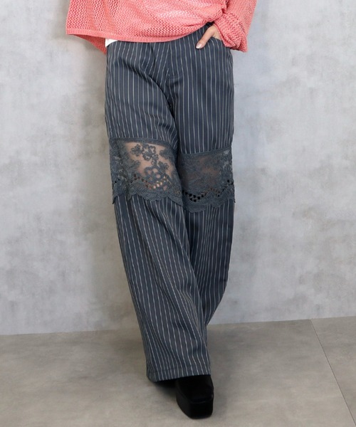 CECIL McBEE(セシルマクビー)の「ストライプレース切り替えパンツ(その他パンツ・レディース・グレー/ブラック・MEDIUM)」の1枚目の写真