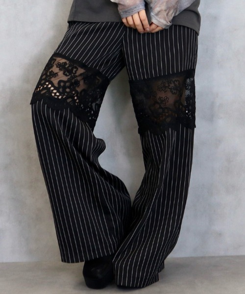 CECIL McBEE(セシルマクビー)の「ストライプレース切り替えパンツ(その他パンツ・レディース・グレー/ブラック・MEDIUM)」の2枚目の写真