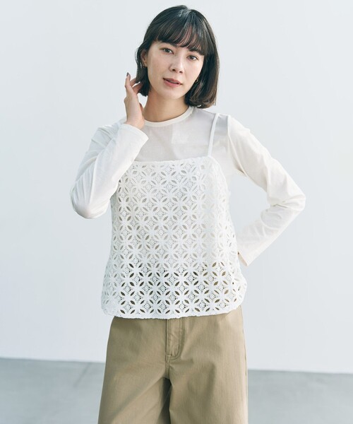 UNFILO(アンフィーロ)の「【2点セット】ラッセルレース キャミレイヤード Tシャツ(Tシャツ/カットソー・レディース・ホワイト系・MEDIUM/SMALL)」の1枚目の写真