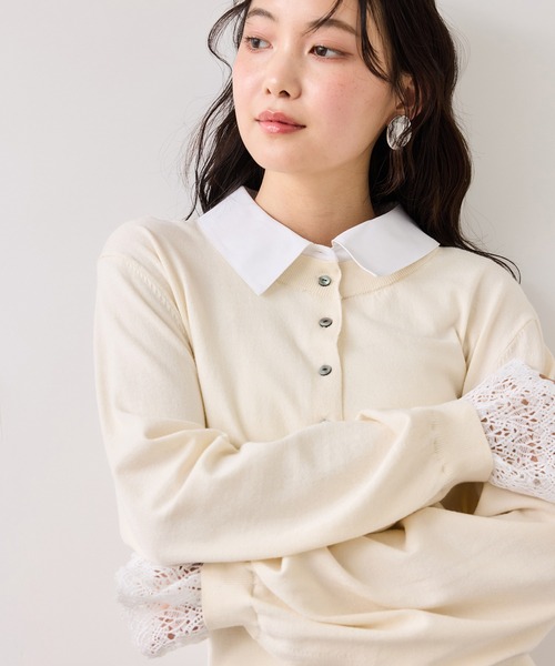 VIS（ビス）の「レースカフスドッキングニットカーディガン（カーディガン/ボレロ・レディース・キャメル/サックスブルー/オフホワイト・FREE）」の12枚目の写真