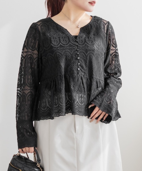 CLETTE(クレット)の「CLETTEオリジナル総レースペプラムブラウス(シャツ/ブラウス・レディース・アイボリー/ブラック・LL/4L/3L)」の1枚目の写真